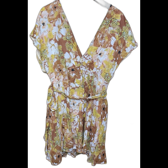 Free People Freddy Mini Dress Floral Print V-Neck Tie Cocoa Tan Women's Size M - Picture 3 of 10